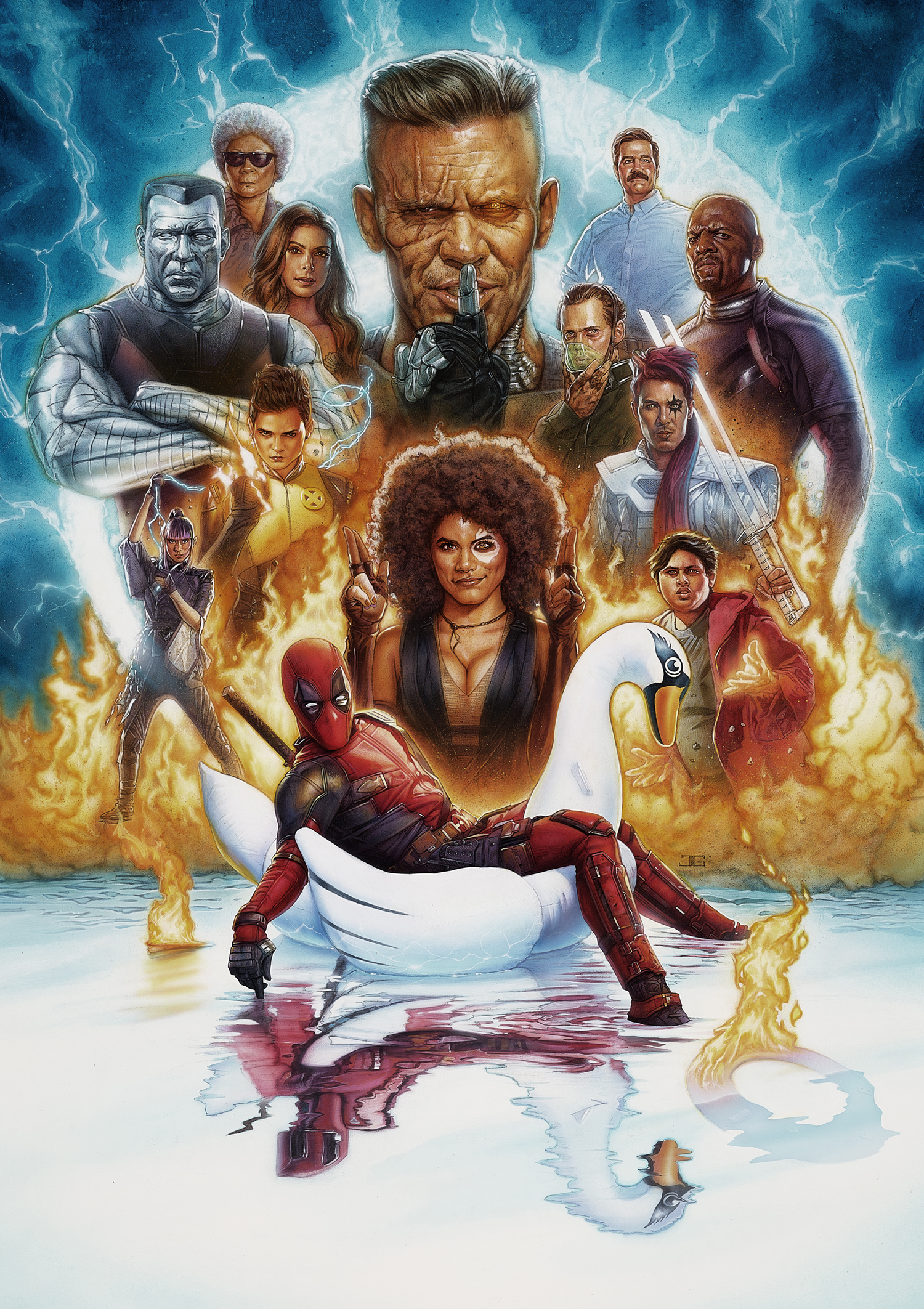 Deadpool 2 movie poster illustrated one sheet, David Leitch, Ryan Reynolds, Josh Brolin, Cable, Zazie Beetz, Domino, Marvel, Rob Liefeld, Terry Crews, Bedlam, Julian Dennison, Russell, Colossus, Leslie Uggams, Blind Al, Brianna Hildebrand, Negasonic Teenage Warhead, Lewis Tan, Shatterstar, Rob Delaney, Peter, Morena Baccarin, Vanessa, Shioli Kutsuna, Yukio, Bill Skarsg&aring;rd, Zeitgeist, X-Force